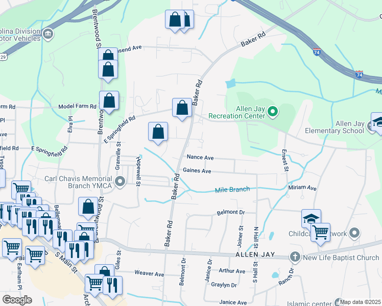 map of restaurants, bars, coffee shops, grocery stores, and more near 707 Nance Avenue in High Point