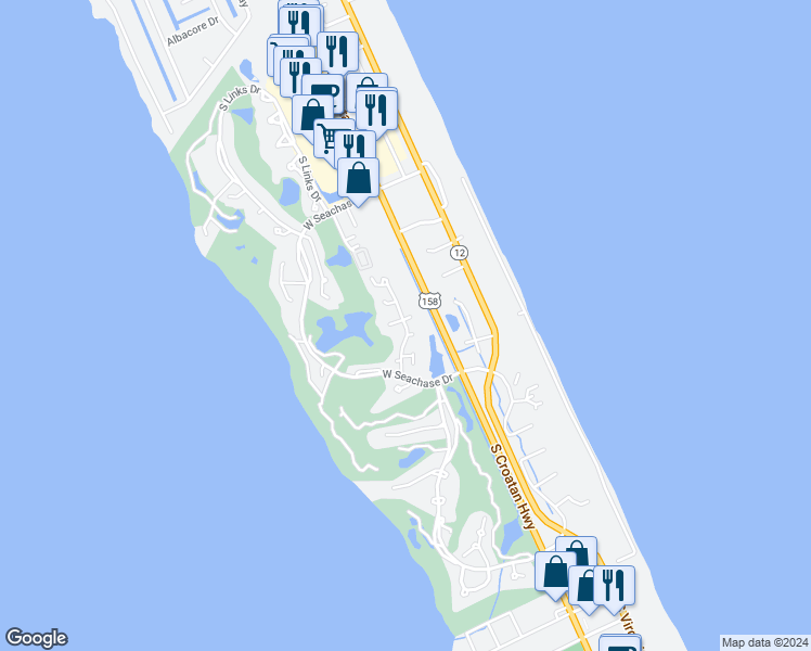 map of restaurants, bars, coffee shops, grocery stores, and more near Ridge Lane in Nags Head