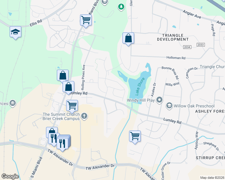 map of restaurants, bars, coffee shops, grocery stores, and more near 4006 Catfish Way in Durham