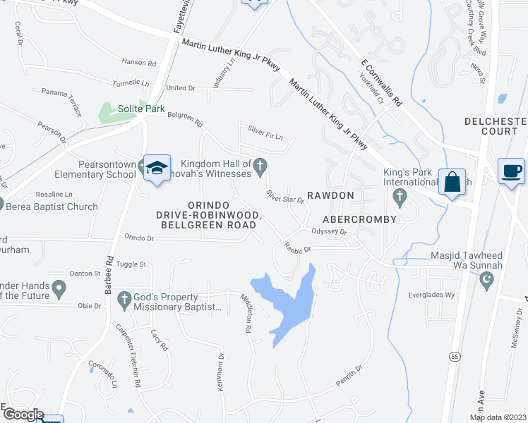 map of restaurants, bars, coffee shops, grocery stores, and more near 3407 Ranbir Dr in Durham