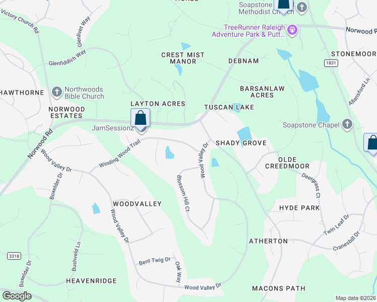 map of restaurants, bars, coffee shops, grocery stores, and more near 10728 Winding Wood Trail in Raleigh
