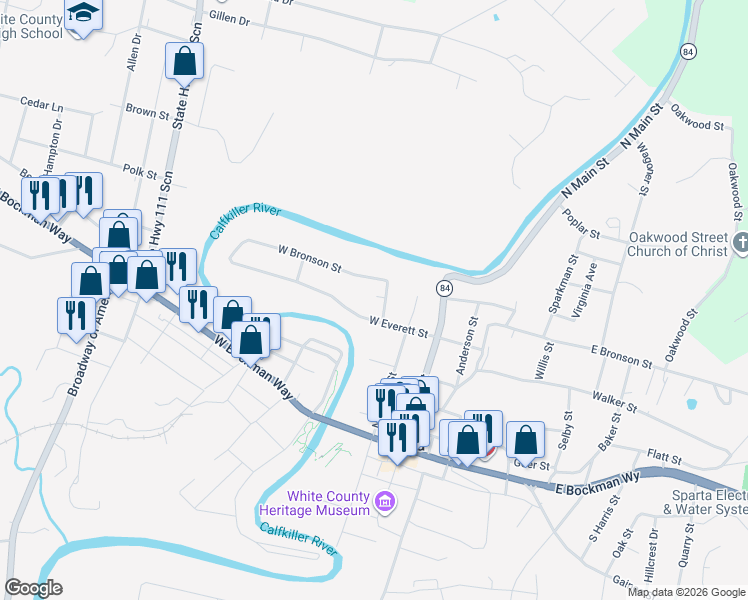map of restaurants, bars, coffee shops, grocery stores, and more near 109 Scott Lane in Sparta