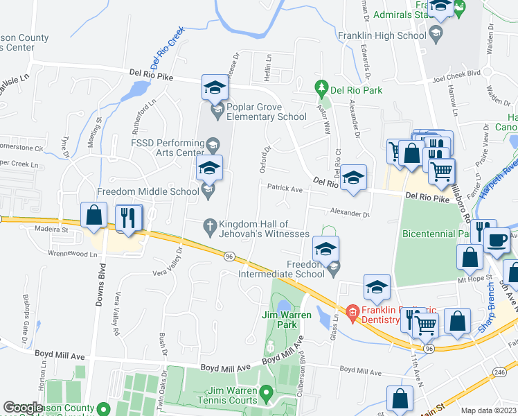 map of restaurants, bars, coffee shops, grocery stores, and more near 201 Oxford Drive in Franklin