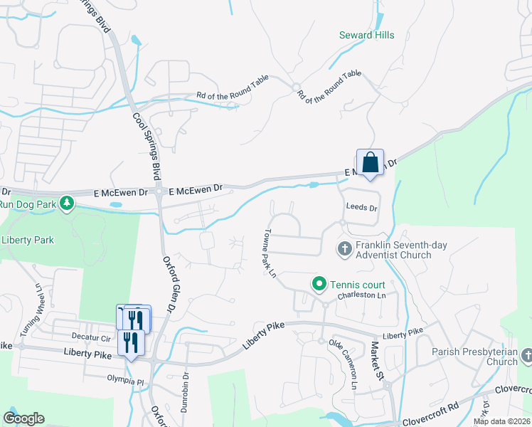 map of restaurants, bars, coffee shops, grocery stores, and more near 1201 Firth Court in Franklin