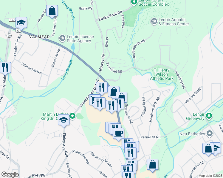 map of restaurants, bars, coffee shops, grocery stores, and more near in Lenoir