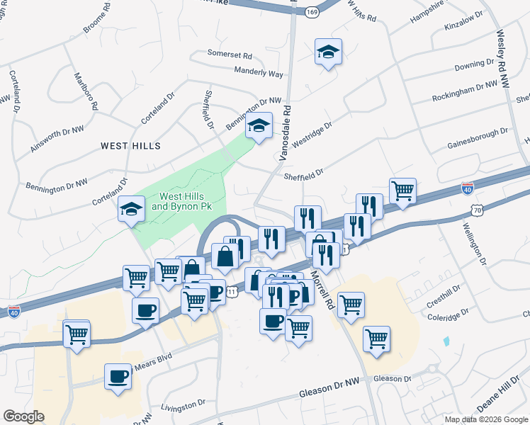 map of restaurants, bars, coffee shops, grocery stores, and more near 217 Buckingham Drive in Knoxville