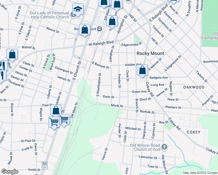 map of restaurants, bars, coffee shops, grocery stores, and more near 906 Arlington Street in Rocky Mount