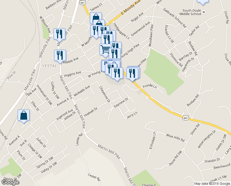map of restaurants, bars, coffee shops, grocery stores, and more near 4507 Smelser Road Southwest in Knoxville