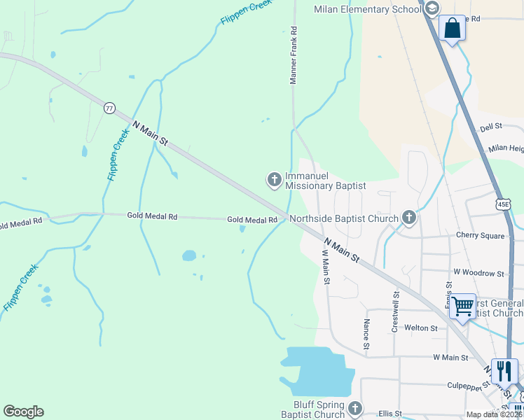 map of restaurants, bars, coffee shops, grocery stores, and more near 6099 North Main Street in Milan
