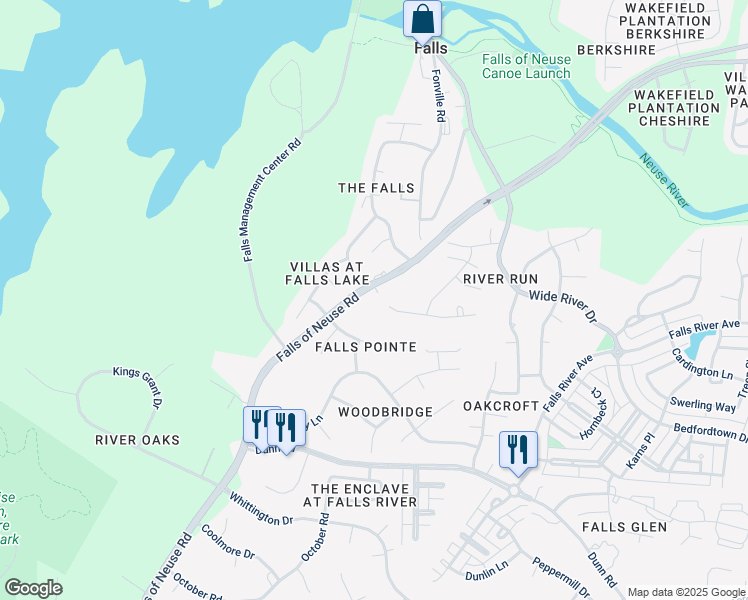 map of restaurants, bars, coffee shops, grocery stores, and more near 11704 Falls of Neuse Road in Wake Forest