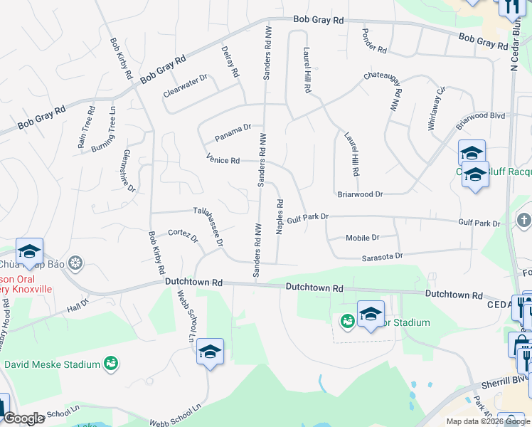 map of restaurants, bars, coffee shops, grocery stores, and more near 844 Sanders Road Northwest in Knoxville