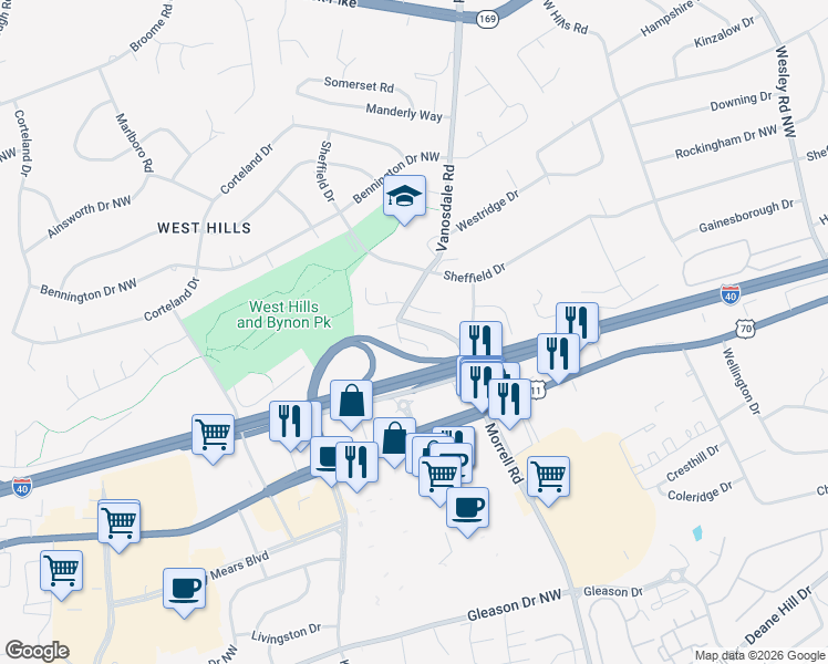map of restaurants, bars, coffee shops, grocery stores, and more near 217 Buckingham Drive in Knoxville