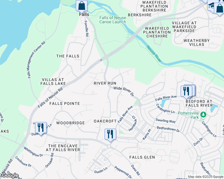 map of restaurants, bars, coffee shops, grocery stores, and more near 2100 Wide River Drive in Raleigh