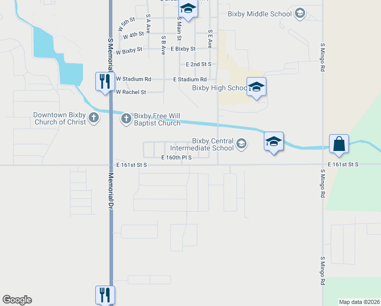 map of restaurants, bars, coffee shops, grocery stores, and more near 16073 South 87th East Avenue in Bixby