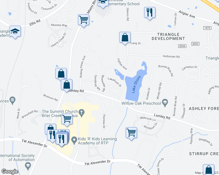 map of restaurants, bars, coffee shops, grocery stores, and more near 4006 Catfish Way in Durham