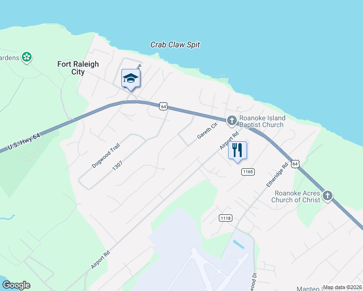 map of restaurants, bars, coffee shops, grocery stores, and more near 147 Gareth Cir in Manteo