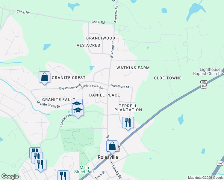 map of restaurants, bars, coffee shops, grocery stores, and more near 233 West Young Street in Rolesville