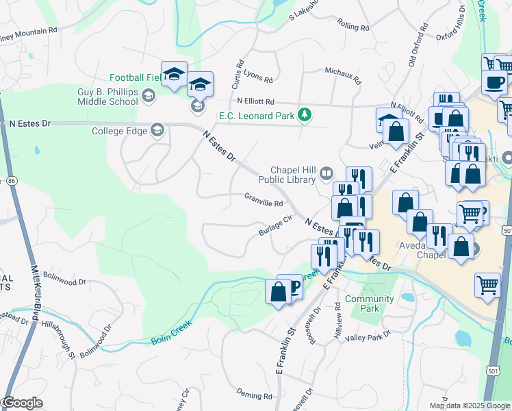 map of restaurants, bars, coffee shops, grocery stores, and more near 311 Granville Road in Chapel Hill