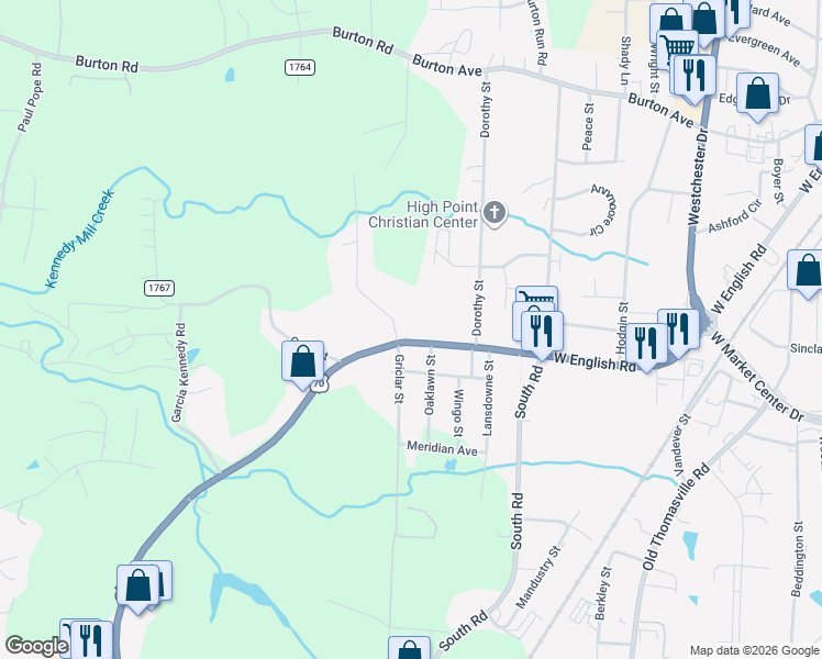 map of restaurants, bars, coffee shops, grocery stores, and more near 3022 West English Road in High Point