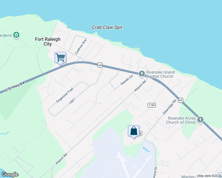 map of restaurants, bars, coffee shops, grocery stores, and more near 147 Gareth Cir in Manteo