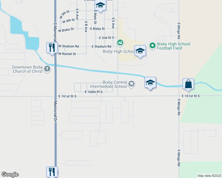 map of restaurants, bars, coffee shops, grocery stores, and more near 16070 South 88th East Place in Bixby