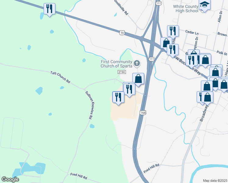 map of restaurants, bars, coffee shops, grocery stores, and more near 337 Taft Church Road in Sparta
