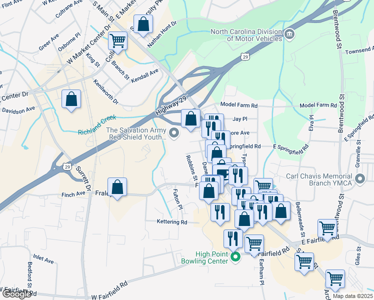 map of restaurants, bars, coffee shops, grocery stores, and more near 123 Southwest Cloverleaf Place in High Point