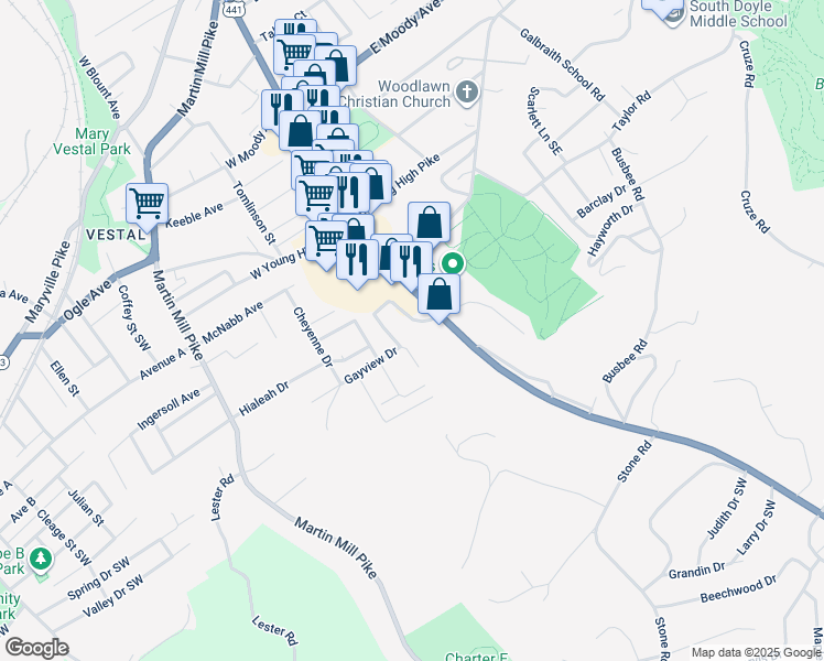map of restaurants, bars, coffee shops, grocery stores, and more near 122 Overbrook Drive in Knoxville