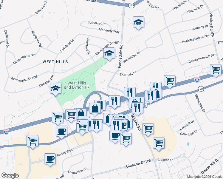 map of restaurants, bars, coffee shops, grocery stores, and more near 217 Buckingham Drive in Knoxville