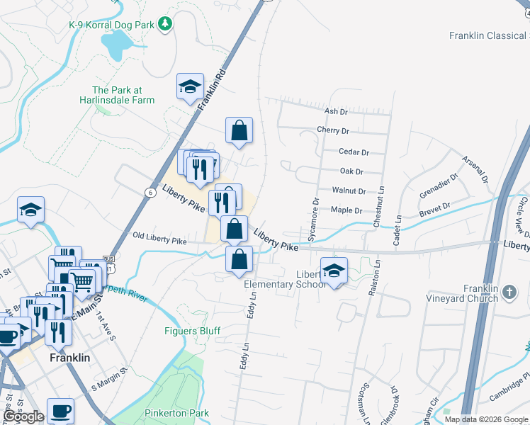map of restaurants, bars, coffee shops, grocery stores, and more near 414 Brick Path Lane in Franklin