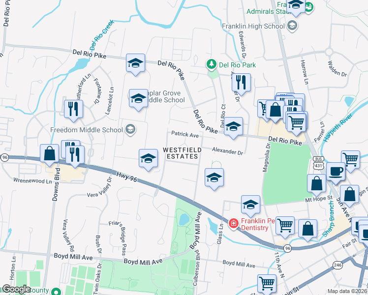 map of restaurants, bars, coffee shops, grocery stores, and more near 8 Ann Court in Franklin