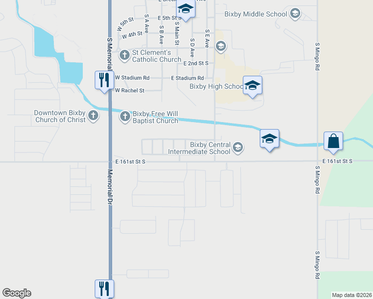 map of restaurants, bars, coffee shops, grocery stores, and more near 16073 South 87th East Avenue in Bixby