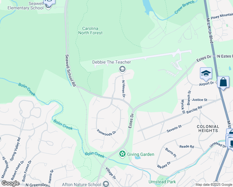 map of restaurants, bars, coffee shops, grocery stores, and more near 102 Woodleaf Drive in Chapel Hill
