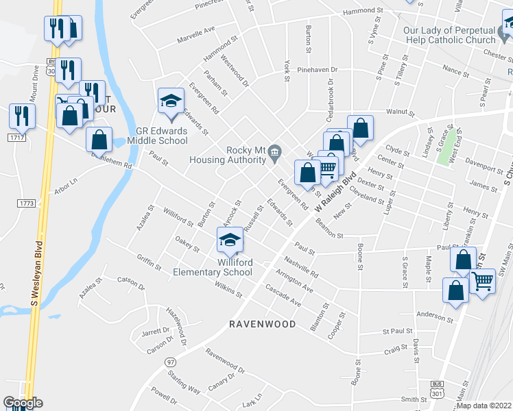 map of restaurants, bars, coffee shops, grocery stores, and more near 1208 Russell Street in Rocky Mount