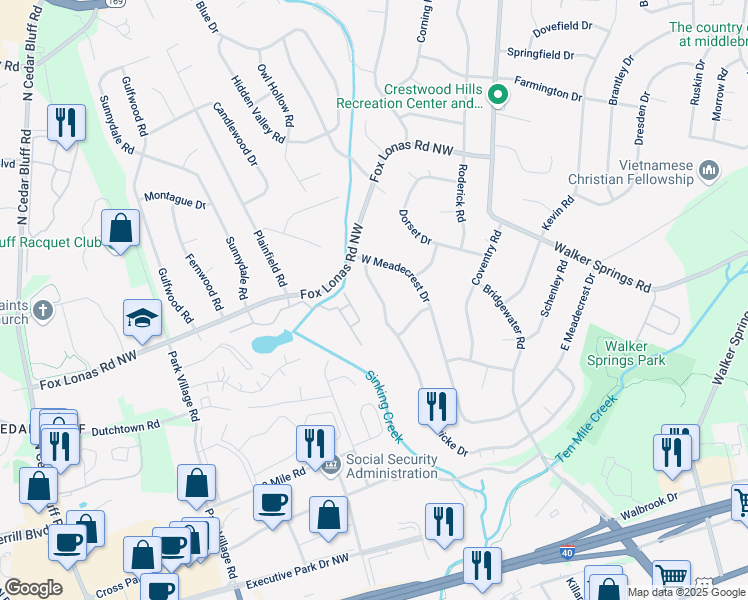 map of restaurants, bars, coffee shops, grocery stores, and more near 717 Hardwicke Drive in Knoxville