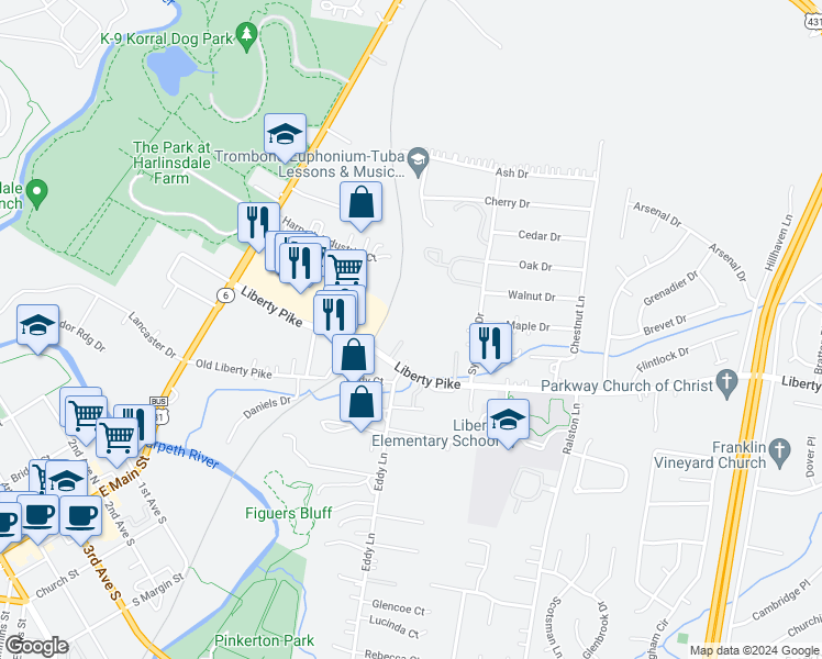 map of restaurants, bars, coffee shops, grocery stores, and more near 405 Brick Path Lane in Franklin