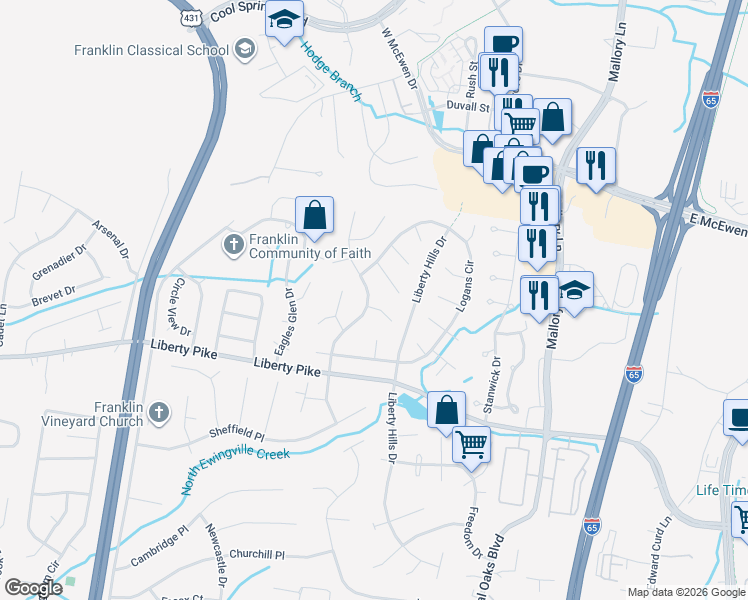 map of restaurants, bars, coffee shops, grocery stores, and more near 737 Glen Oaks Drive in Franklin