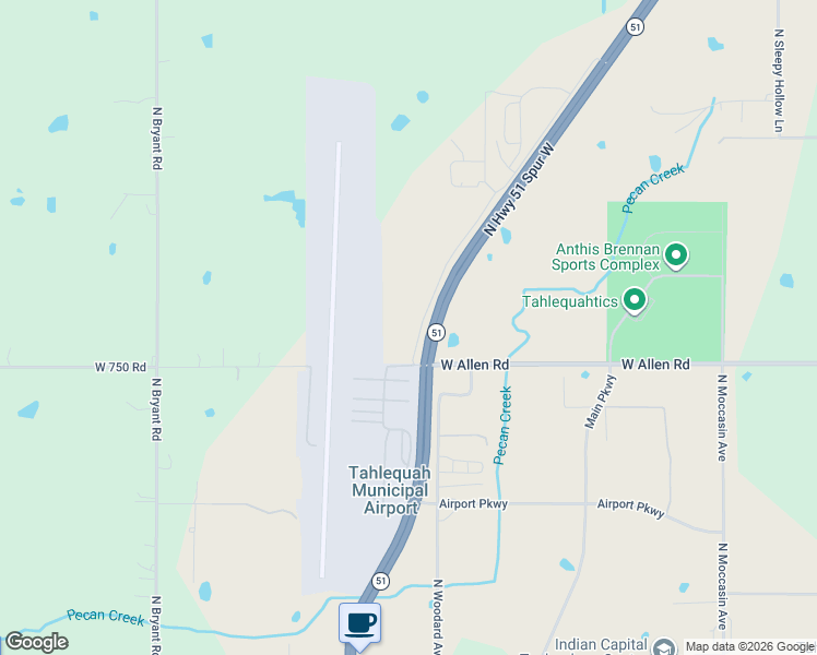 map of restaurants, bars, coffee shops, grocery stores, and more near 2100 Airport Parkway in Tahlequah