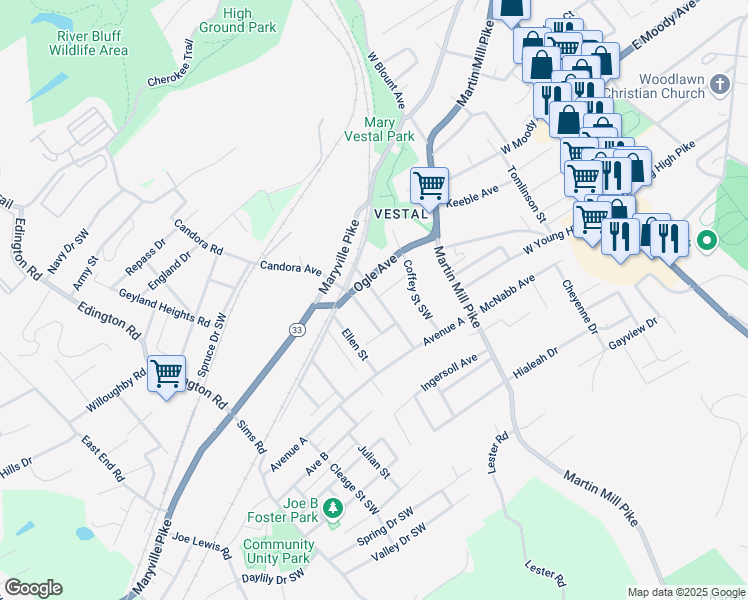 map of restaurants, bars, coffee shops, grocery stores, and more near 4217 Immanuel Street Southwest in Knoxville