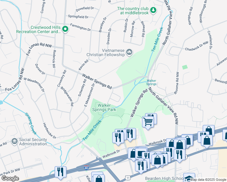 map of restaurants, bars, coffee shops, grocery stores, and more near 705 Walker Springs Road in Knoxville