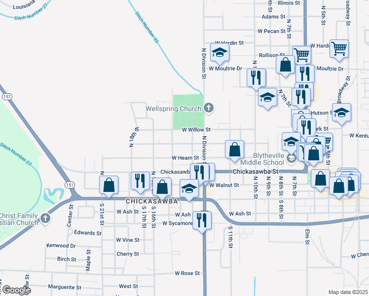 map of restaurants, bars, coffee shops, grocery stores, and more near 1313 Holly Street in Blytheville