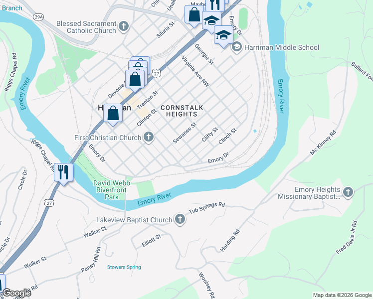 map of restaurants, bars, coffee shops, grocery stores, and more near 425 Clifty Street in Harriman