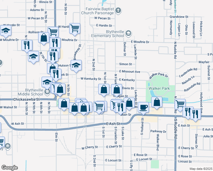 map of restaurants, bars, coffee shops, grocery stores, and more near 100 East Davis Street in Blytheville