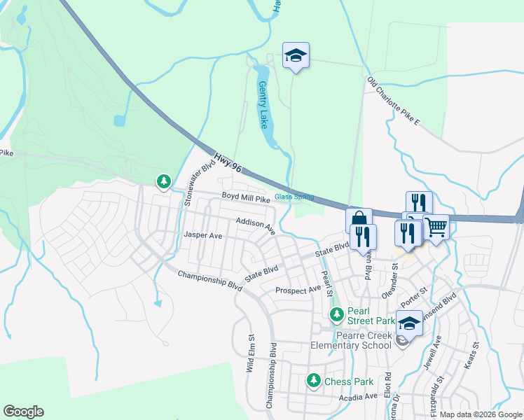 map of restaurants, bars, coffee shops, grocery stores, and more near 422 Wiregrass Lane in Franklin