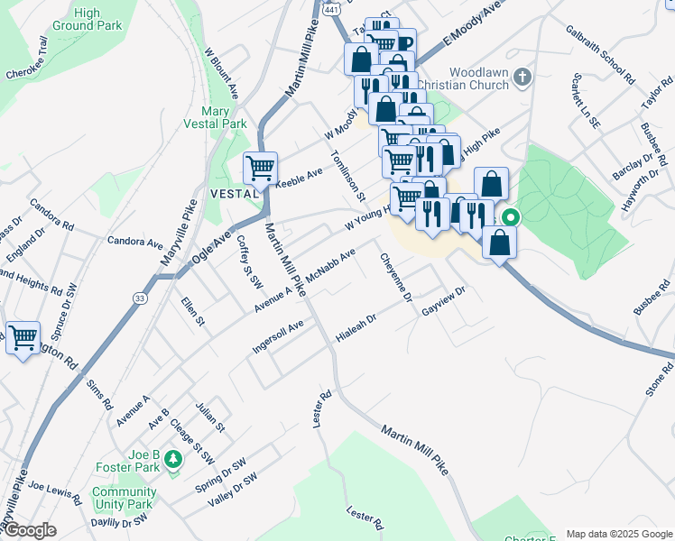 map of restaurants, bars, coffee shops, grocery stores, and more near 422 McNabb Avenue in Knoxville