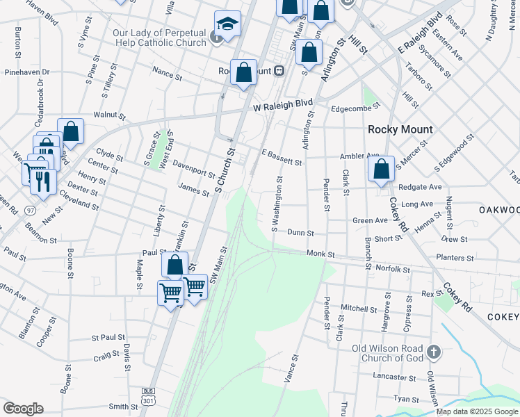 map of restaurants, bars, coffee shops, grocery stores, and more near 117 Wye Street in Rocky Mount