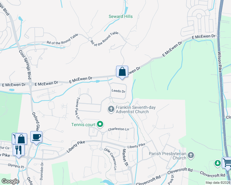 map of restaurants, bars, coffee shops, grocery stores, and more near 1405 Leeds Drive in Franklin