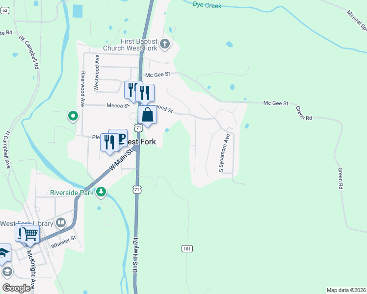 map of restaurants, bars, coffee shops, grocery stores, and more near 3 South Red Oak Avenue in West Fork