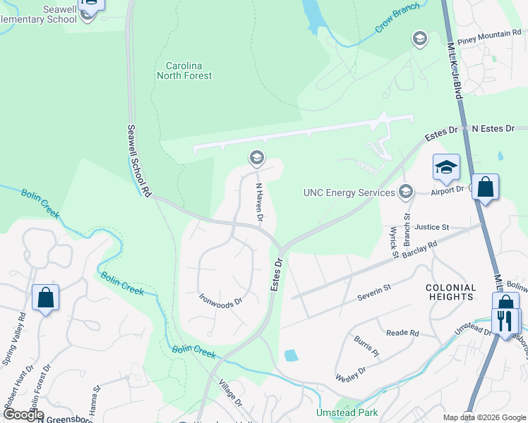 map of restaurants, bars, coffee shops, grocery stores, and more near 103 Marigold Court in Chapel Hill