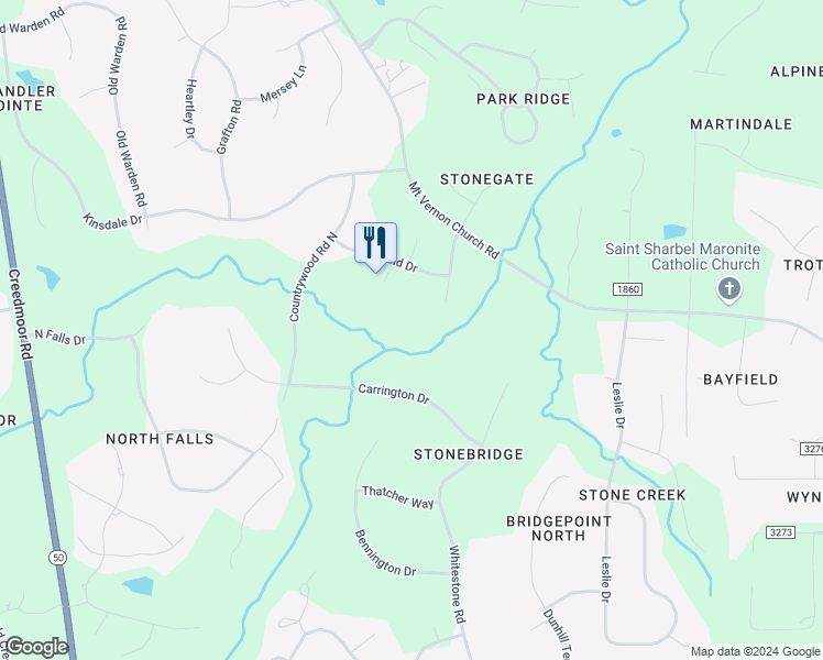 map of restaurants, bars, coffee shops, grocery stores, and more near 10501 Tredwood Drive in Raleigh